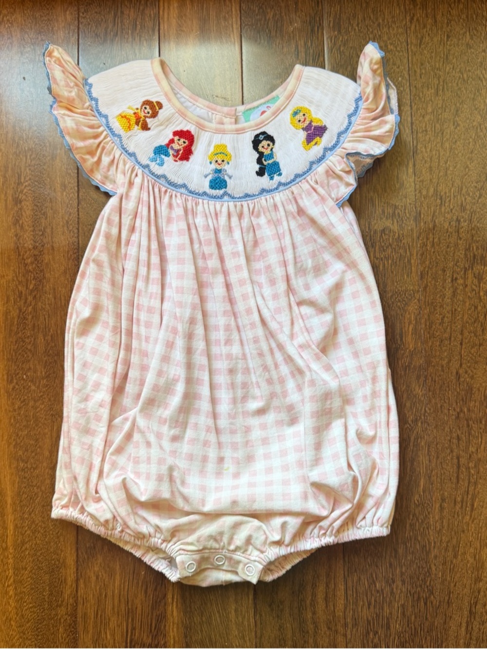 The Smocked Flamingo Pink Gingham Bubble Romper with Embroidered Characters
